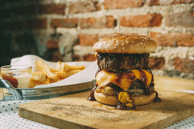 Close-up of burger on table