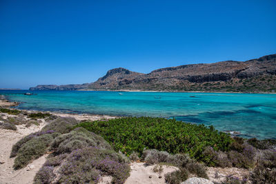 Scenic view of sea against clear blue sky