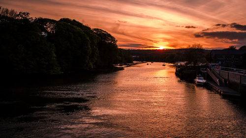 Scenic view of river against sky at sunset