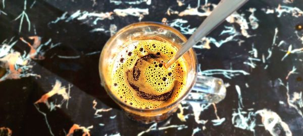 High angle view of coffee on table