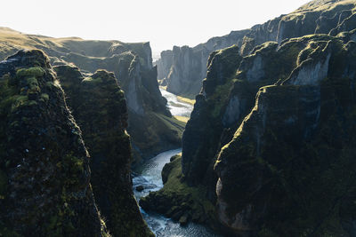 Scenic view of mountains, in the icelandic southern coast, with river passing by the canyon