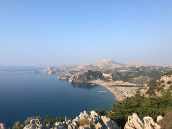 Scenic view of sea against clear blue sky