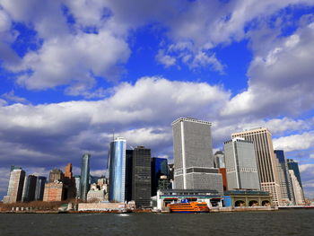 View of cityscape against cloudy sky