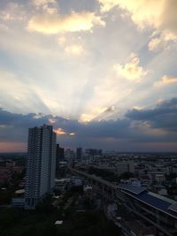 High angle view of buildings against sky during sunset