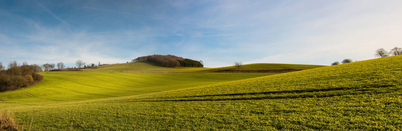 Scenic view of farm against sky