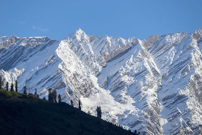 Scenic view of snowcapped mountains against clear blue sky