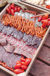 High angle view of meat in market