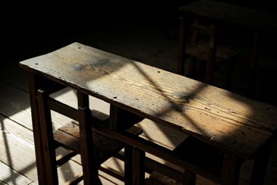 High angle view of bench on table