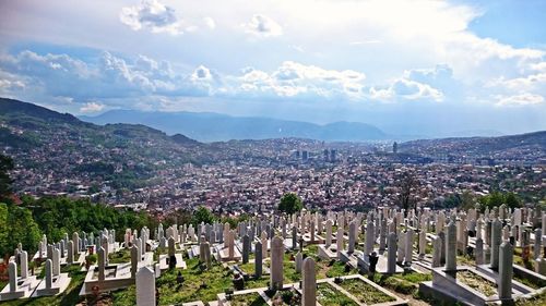 Panoramic view of cemetery against sky