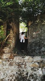 Woman standing by tree trunk