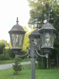 Close-up of street light against trees