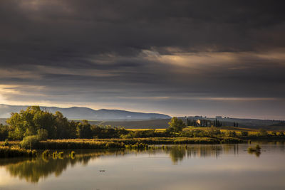 Scenic view of lake against sky during sunset