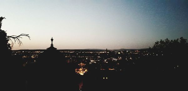 Silhouette buildings against clear sky at sunset