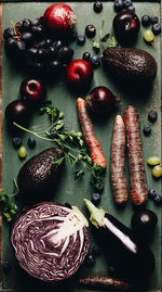 High angle view of vegetables and fruits on table