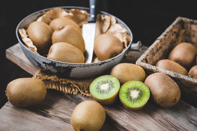 High angle view of fruits in bowl on table