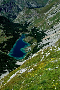 High angle view of sea and mountains