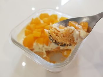 High angle view of breakfast served on table