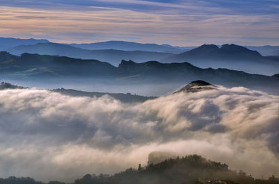 Scenic view of mountains against sky during sunset