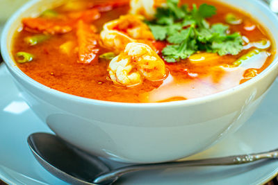 Close-up of soup in bowl on table