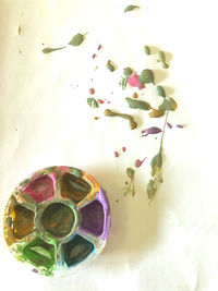 High angle view of multi colored candies on table