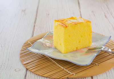 High angle view of cake in plate on table