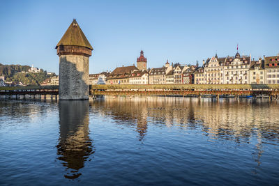 Reflection of building in river against clear sky