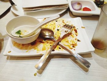 High angle view of meal served on table