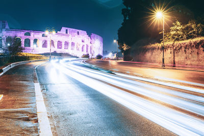 Light trails on road at night