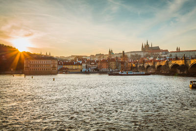 River in city at sunset
