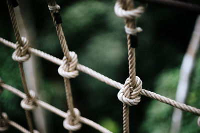 Close-up of rope tied to fence