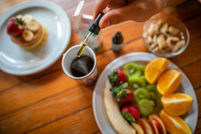 High angle view of food served on table