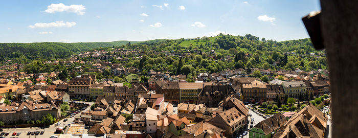 High angle shot of townscape against sky