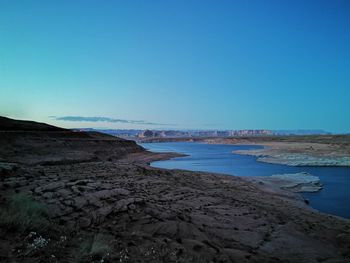 Scenic view of beach against clear blue sky
