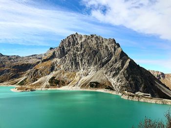 Scenic view of lake by mountain against sky