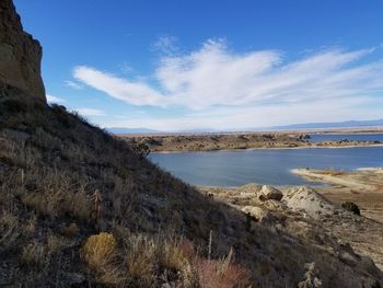 Scenic view of beach against blue sky