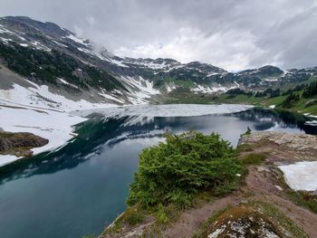 Scenic view of lake and snowcapped mountains against sky