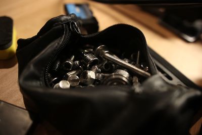 Close-up of machinery on table