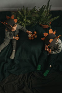 High angle view of people standing by plants