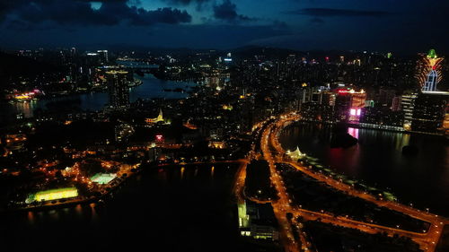 High angle view of illuminated city at night