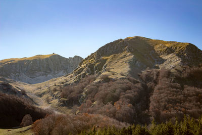 Scenic view of mountains against clear blue sky