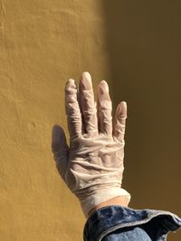 Cropped hand of woman wearing glove against wall