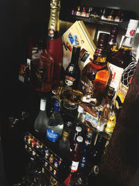 High angle view of bottles on table