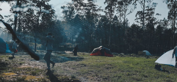 People walking on field by trees in forest