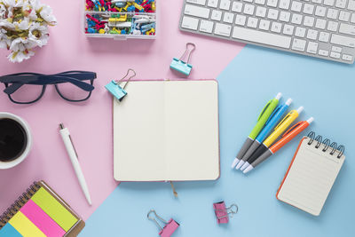 Directly above shot of school supplies on table