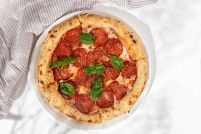 High angle view of pizza on table