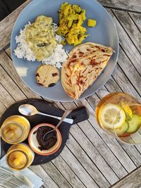 High angle view of breakfast on table