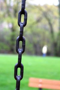 Close-up of padlock on metal fence