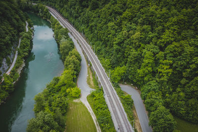 High angle view of highway amidst trees