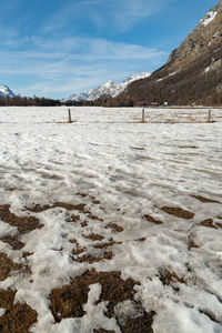 Silvaplana, switzerland, february 21, 2023 snow covered alpine scenery on a sunny day