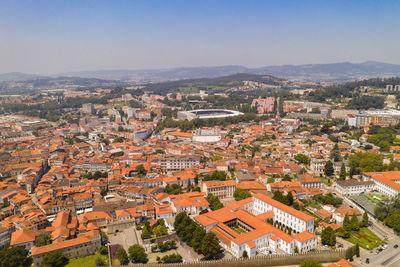 High angle view of townscape against clear sky